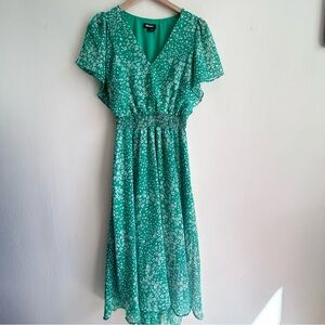 DKNY Vibrant Green Ditzy Floral Smocked Midi Dress - Sz 10